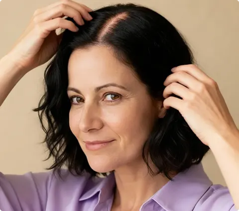 Frau sprüht Akemi Hair Glow auf ihre Kopfhaut