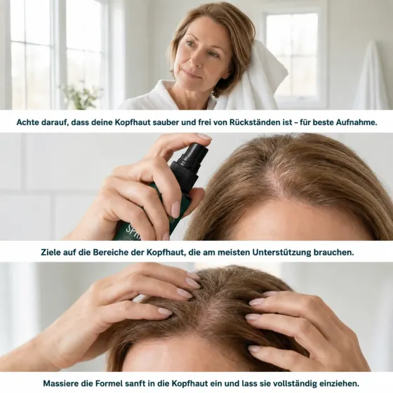 Anwendung von Akemi Hair Glow in drei Schritten: Kopfhaut vorbereiten, aufsprühen, einmassieren